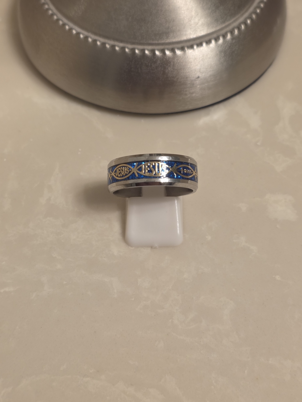 Men's Stainless Steel Blue Glitter Jesus Ring Size 10